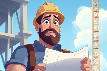 Engineer with blueprints at a construction site shows thoughtful expression in cartoon style
