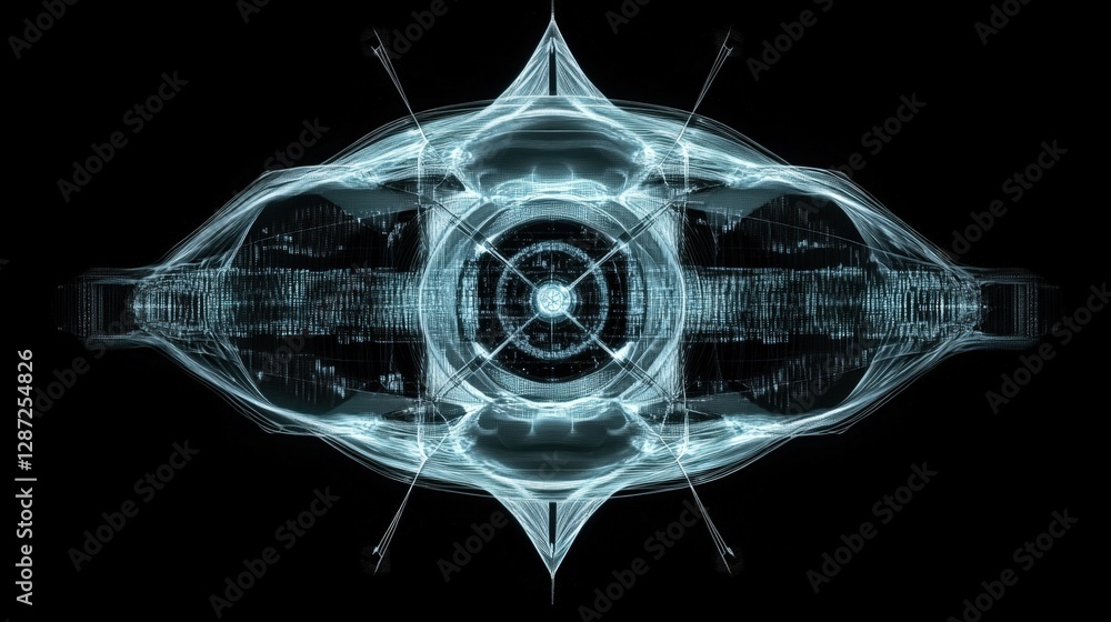 Poster complex digital eye shaped structure with glowing core and intricate details radiating outwards, sym
