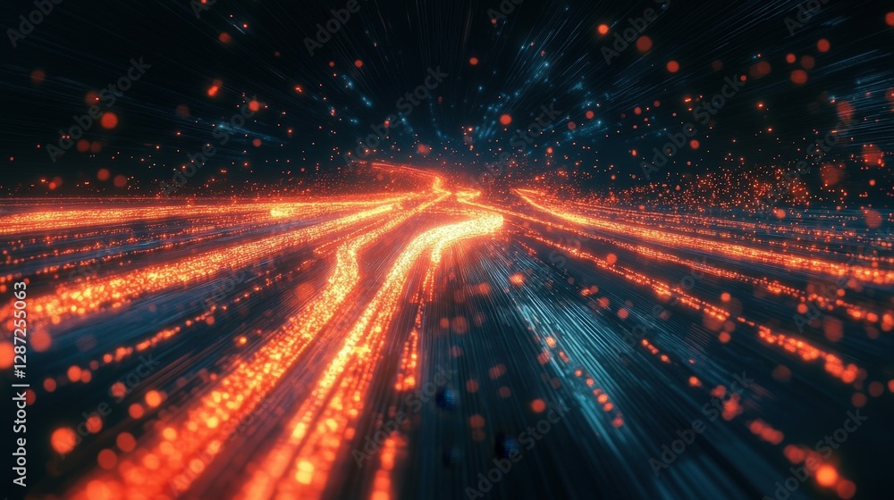 Poster multiple glowing streams of particles swirling and flowing against a dark background, symbolizing da