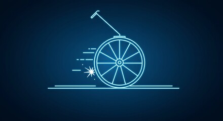 Neon glow line art of lawn mower wheel with motion effect on dark background