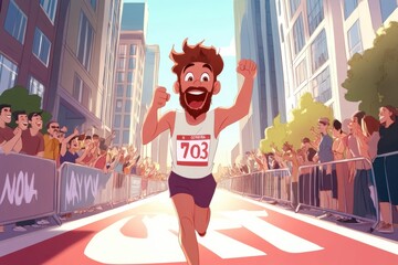 Marathon runner crosses the finish line with arms raised amidst cheering crowd in cartoon style