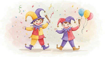 Fototapeta premium Playful jesters celebrating with confetti and balloons in colorful costumes