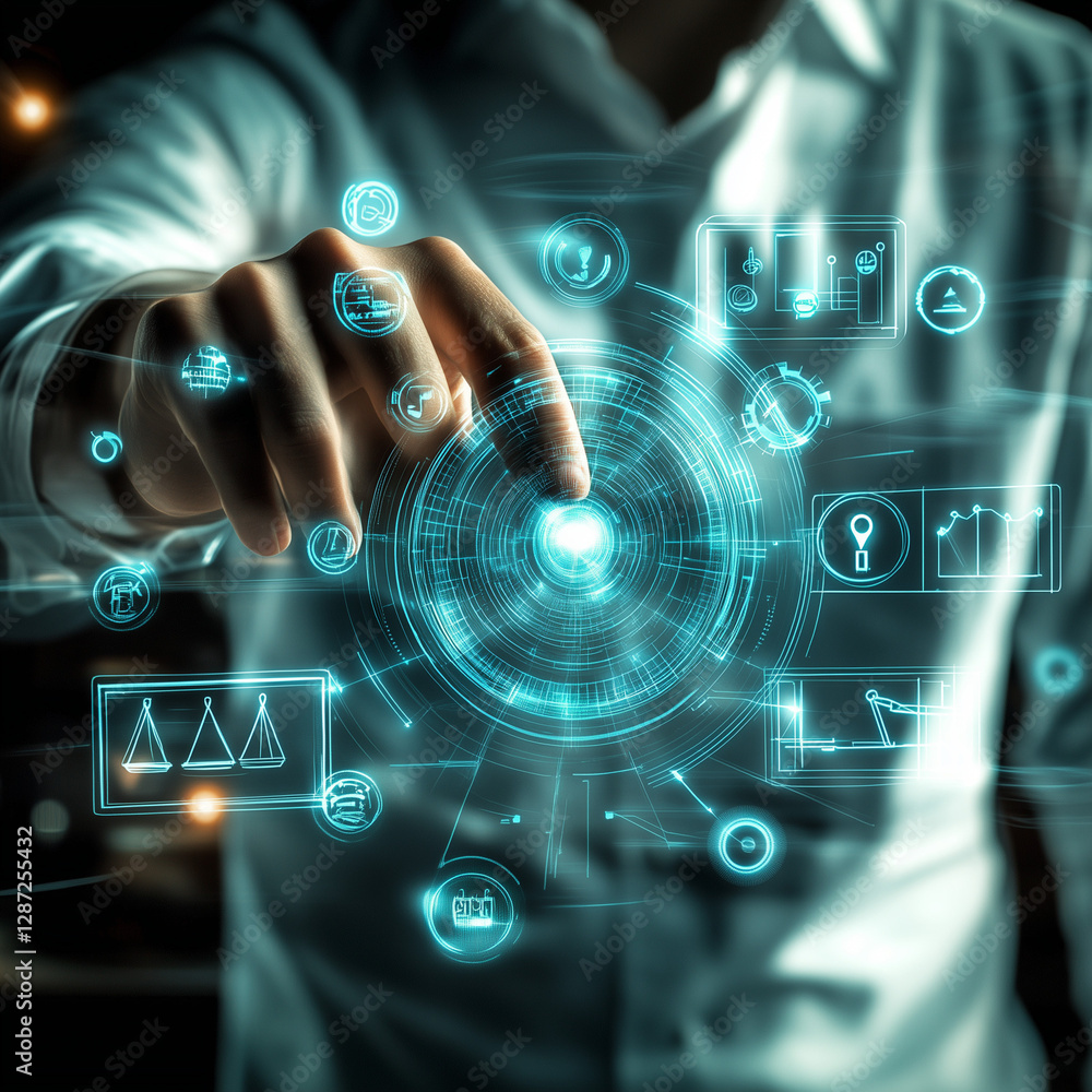 Aufkleber futuristic interface person interacting with holographic digital data and analytics