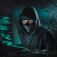 A sinister hacker sitting at a laptop, wearing a hoody and a dark mask hiding the lower part of his face. The interweaving of wires creates a gloomy mystical world around.