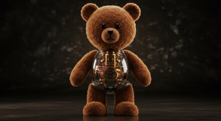 Standing Mechanical Teddy Bear with Visible Gears and Glass Casing