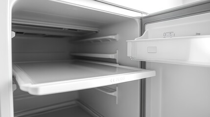 Empty mini-fridge interior, shelves, kitchen, clean