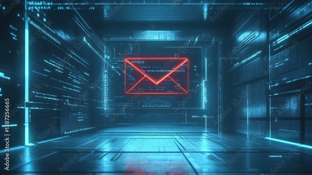 Poster digital security concept is illustrated with glowing red email icon floating in futuristic server ro