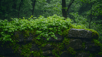 Rain-soaked stone wall, lush greenery, forest background; nature wallpaper