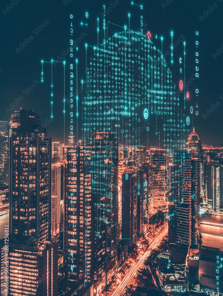 Poster digital skyline: a mesmerizing cityscape merges seamlessly with digital data streams, illuminating t