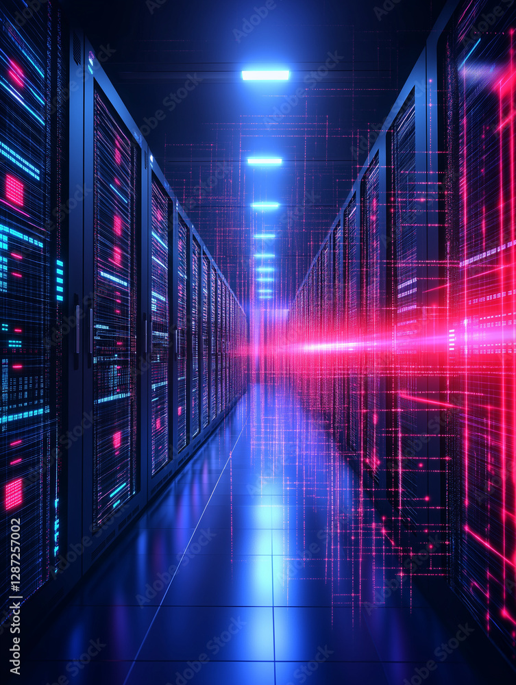 Poster data center corridor: an immersive view down a modern data center corridor, pulsating with the vibra