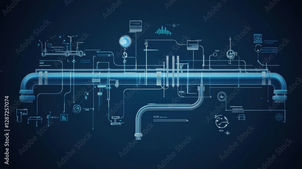 Poster flow visualization of gas pipelines with minimalist design and technical details in digital format. 