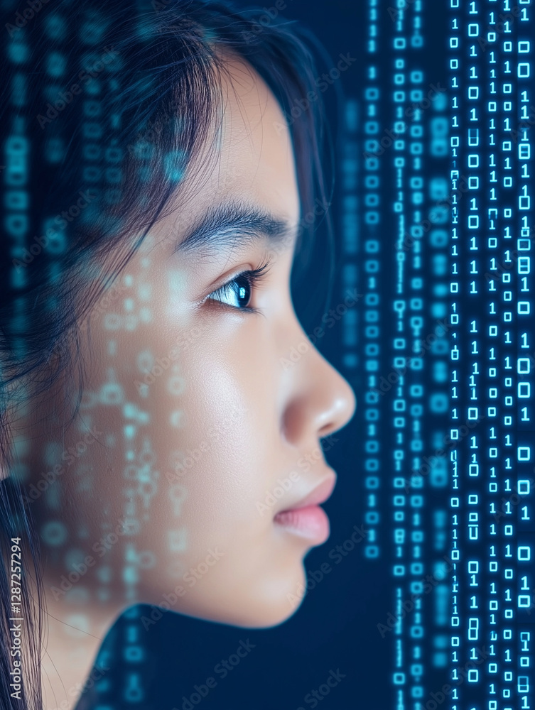 Aufkleber digital insight: a close-up of a young woman's face is overlaid with binary code, suggesting the int