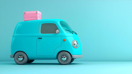 Blue van carrying pink box, pastel background, delivery concept