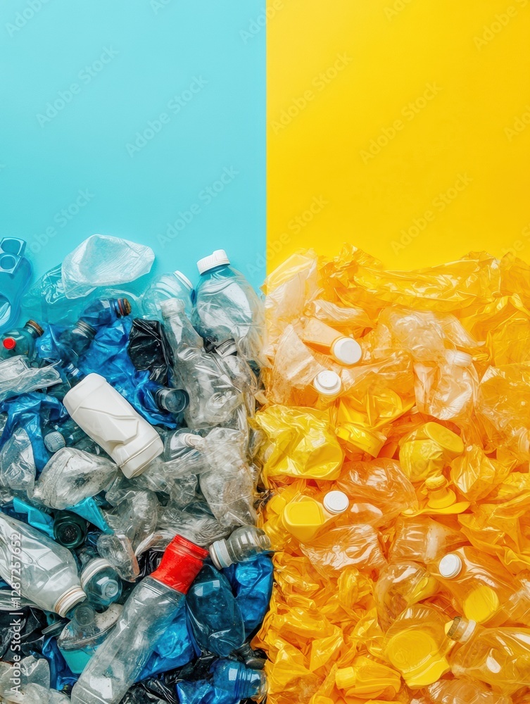 Poster comparing plastic waste accumulation with organized recycled plastic products in a vibrant setting. 