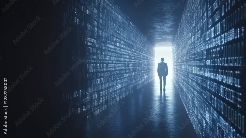 Poster businessman walking towards bright light at end of dark corridor with binary code projected on walls