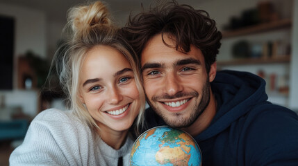 Fototapeta premium Happy slavic couple taking a selfie together indoors for travel inspiration