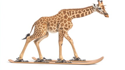 Obraz premium Giraffe cross-country skiing, white background, whimsical, advertising