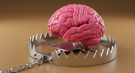 A striking stock photo featuring a vividly colored human brain in bold fuchsia or electric teal, resting atop a high-gloss, metallic bear trap. The soft, organic brain contrasts sharply with the sharp