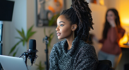 Young Black Woman Podcaster Recording Podcast in Home Studio with Microphone