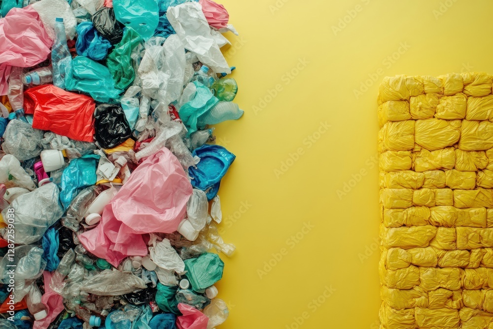 Poster contrast between discarded plastic waste and organized recycled plastic products in a minimalistic s