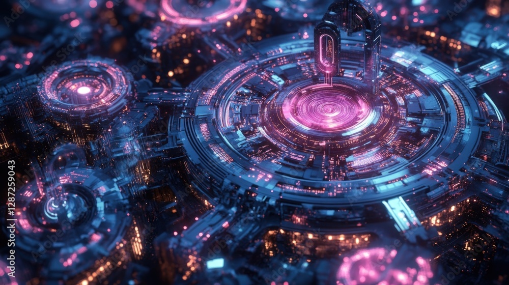 Poster quantum computing core processing data, surrounded by intricate network of circuits and components, 