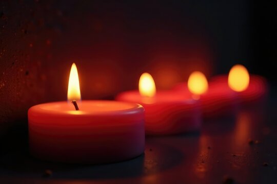 Vigil candle flames softly dance on somber background, candles, stillness
