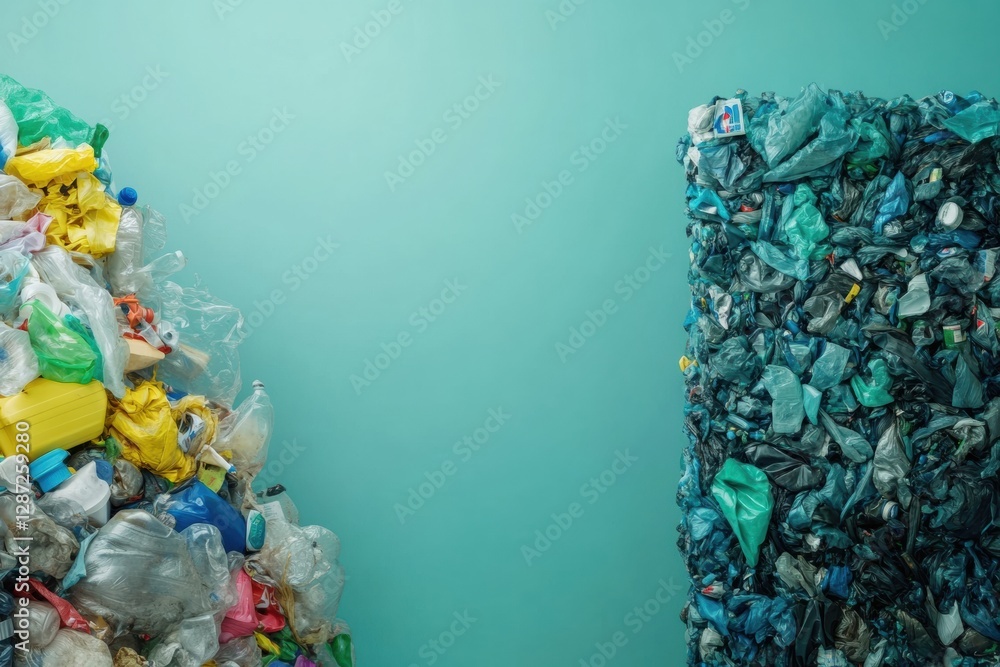 Poster visual contrast between a pile of plastic waste and neatly organized recycled plastic products in an