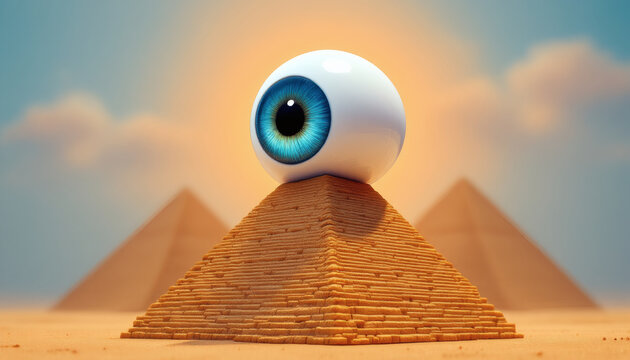 A side view of a sleek, glossy eyeball elegantly perched above a mockup Giza pyramid, blending modern and ancient elements. The vibrant iris and rich, warm hues of the pyramid create a captivating jux