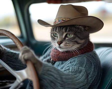 Fototapeta Cat Driver in Vintage Car