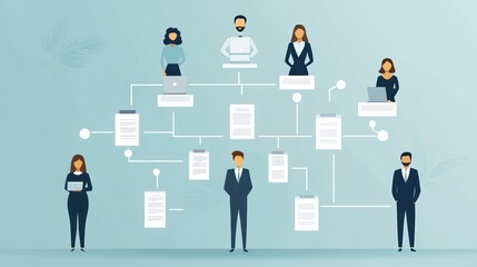 Team, hierarchy, office, workflow, documents, collaboration, management, background, pastel, illustration