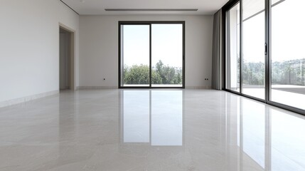 Fototapeta premium Empty modern living room with glossy white tiled floor and large sliding glass windows overlooking green trees.