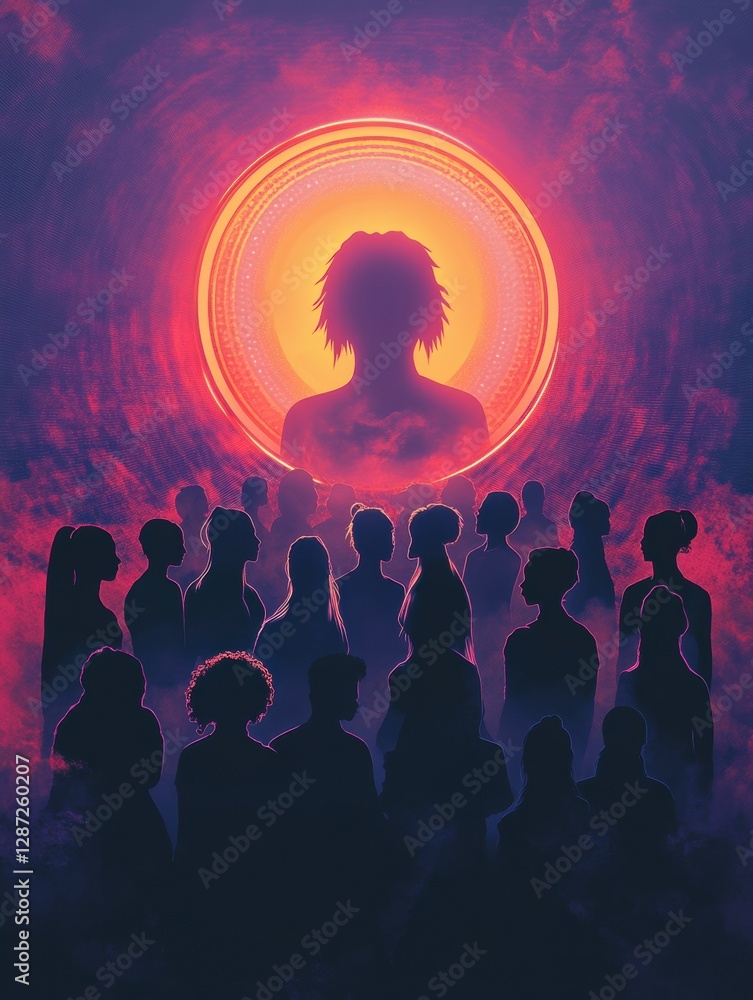 Poster empowerment through unity on international womens day with a glowing feminine symbol and diverse sil