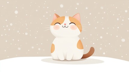 Fototapeta premium Happy cat sitting in snow, winter background, holiday card
