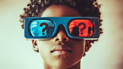 Fototapeta premium Closeup Portrait of a Young Boy Wearing 3D Glasses with Question Marks, Thoughtful Expression