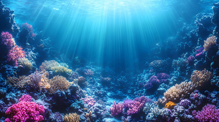 Fototapeta premium Illustration - Vibrant Coral Reef Ecosystem Underwater Sunlight Ocean Scene