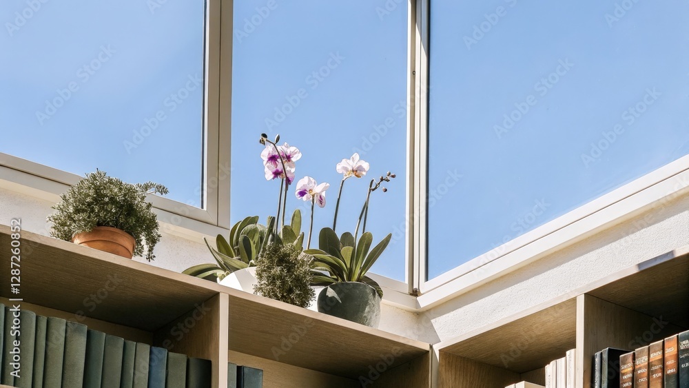 Poster potted orchids and various plants resting on bookshelves create a vibrant display beneath a large sk