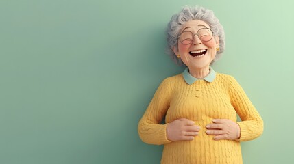 Elderly woman laughing joyfully studio cartoon image vibrant colors front view humorous emotion