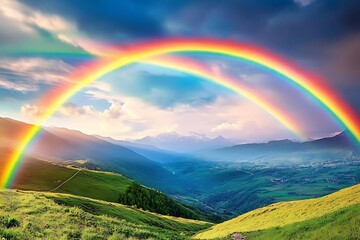 Rainbow over the valley in the mountains