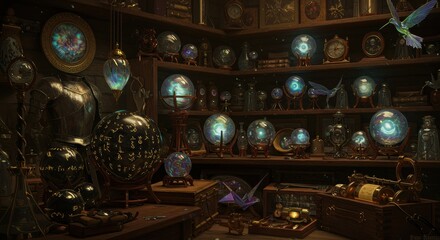 Fantasy Shop Filled with Mystical Orbs and Magical Artifacts