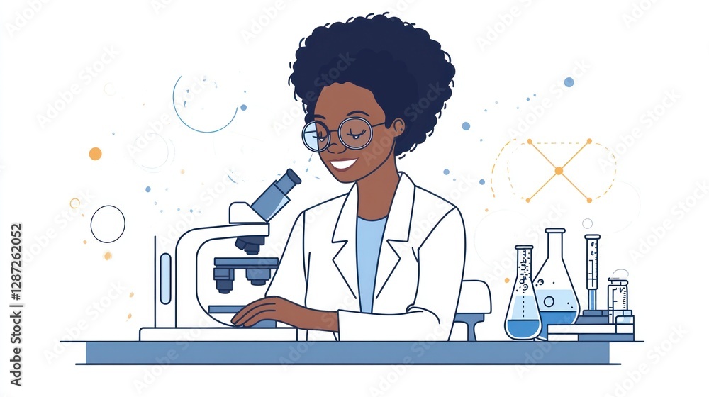 Poster scientist using microscope in lab, research background