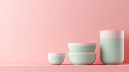 Pastel bowls, vase, pink background, studio, mockup