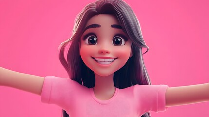 Teenage girl taking selfie pink background cartoon fun vibrant joyful moment