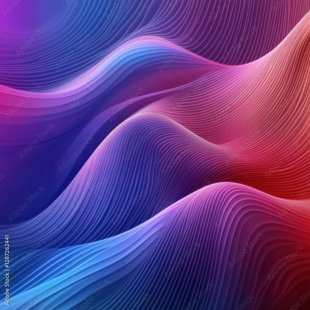 Poster Colorful abstract wave patterns create a dynamic visual experience in vibrant hues at a digital art exhibition. Generative AI
