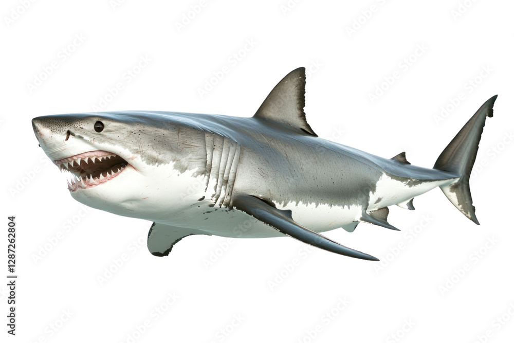 Poster a side view of a large shark with sharp teeth against a transparent background showcasing detail of 