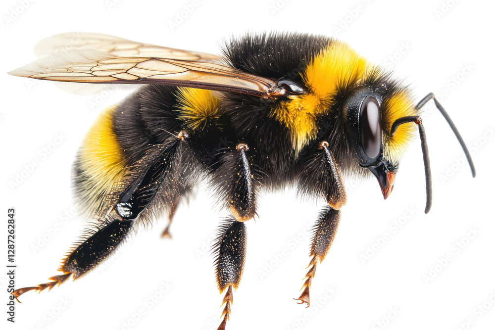 Poster close-up side view of a insect with black and yellow stripes isolated on transparent background show