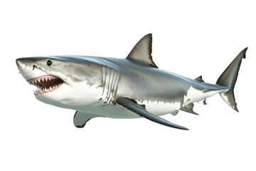 A side view of a large shark with sharp teeth against a transparent background showcasing detail of the aquatic predator