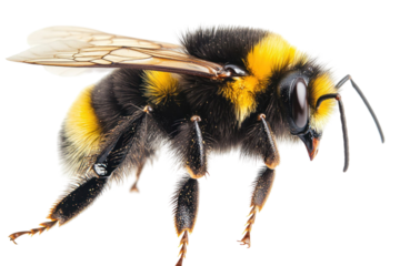 Close-up side view of a insect with black and yellow stripes isolated on transparent background showcasing intricate details of wings and body. Ideal for nature and wildlife themes