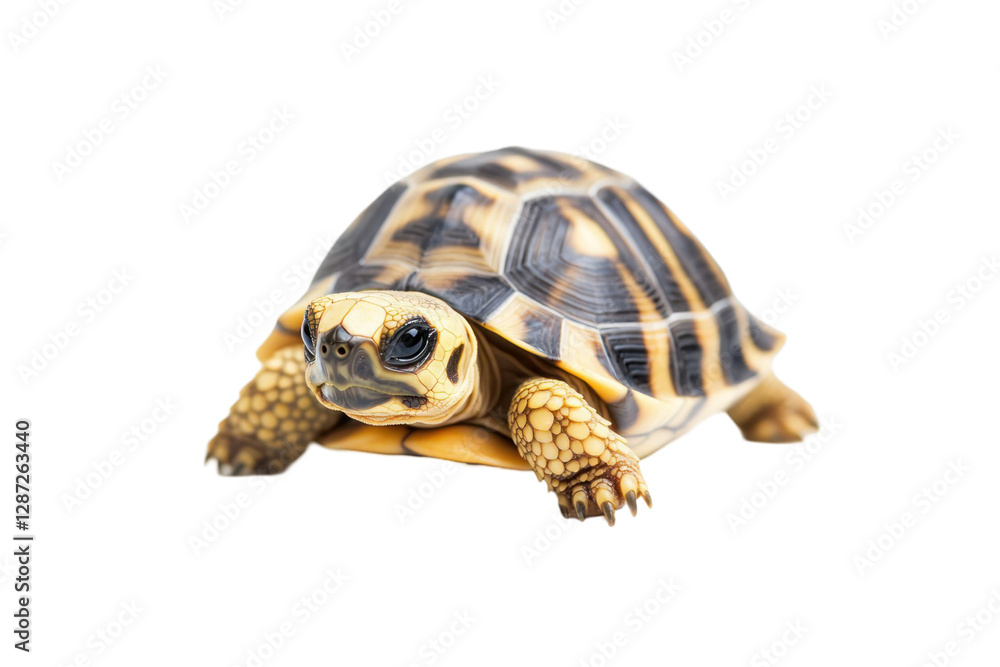 Poster close-up of a tortoise with a patterned shell and attentive gaze isolated on transparent background