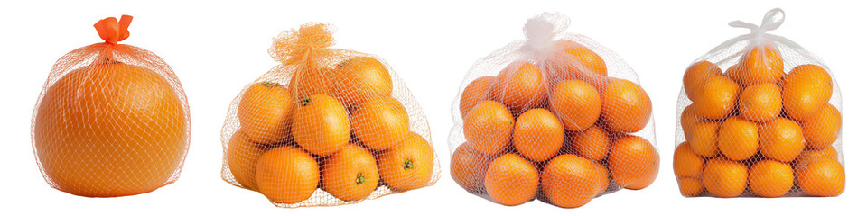 Set of a plastic mesh bag of oranges, isolated on a transparent background.