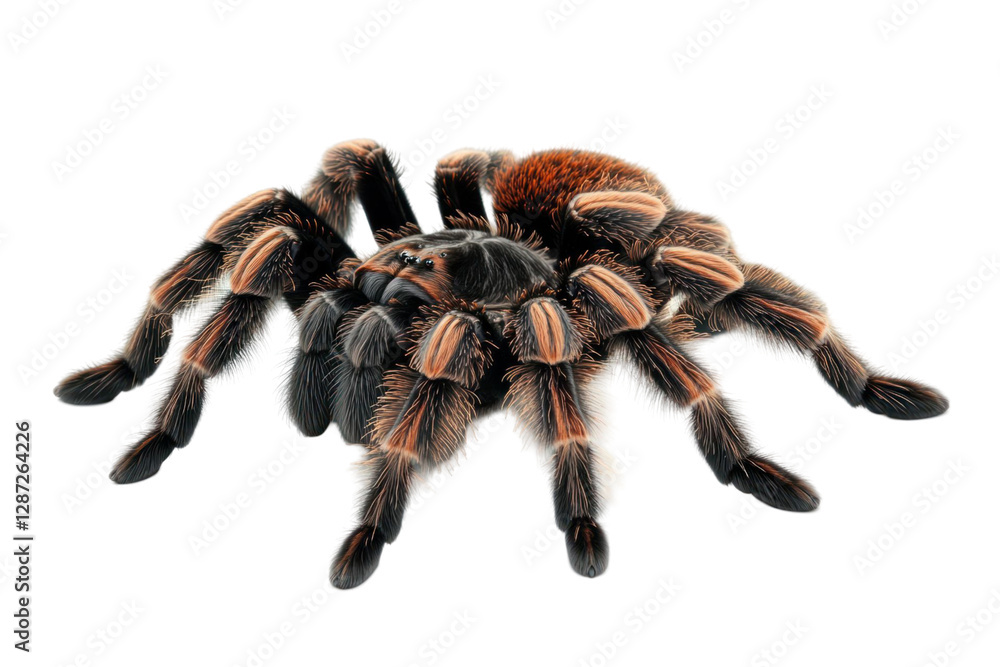 Poster close up studio shot of a tarantula spider with black and orange markings isolated on a transparent 